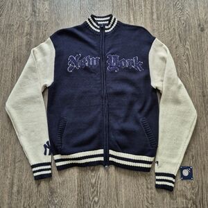 NY Yankees Genuine Merchandise Varsity Knit Bomber Sweater Navy Blue Cream S
